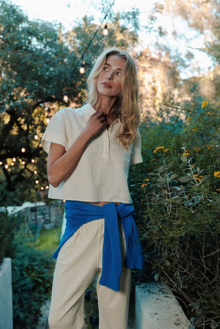 Perfect White Tee Tabitha Linen Polo Tee, linen shirt, short sleeved shirt, polo shirt, women's clothing