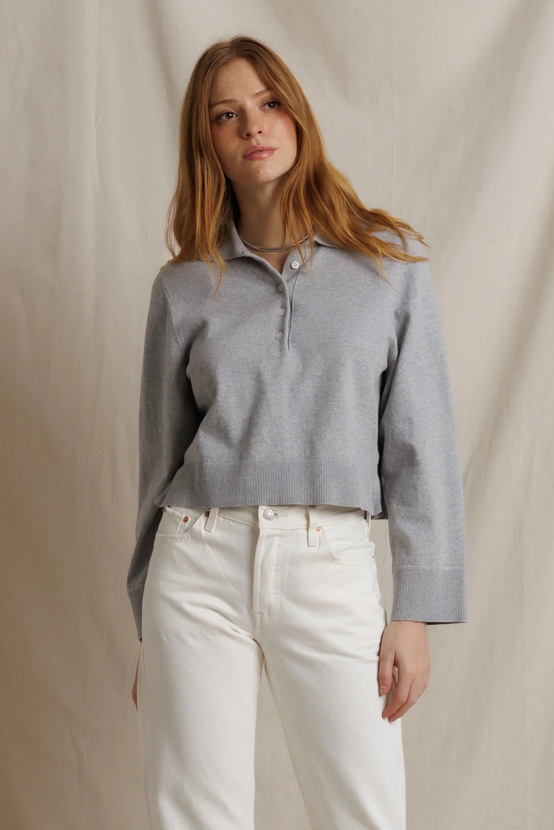 Perfect White Tee Ximena Polo, cotton cashmere knit polo, cropped length, relaxed fit, and a soft collar with button placket, women's clothing