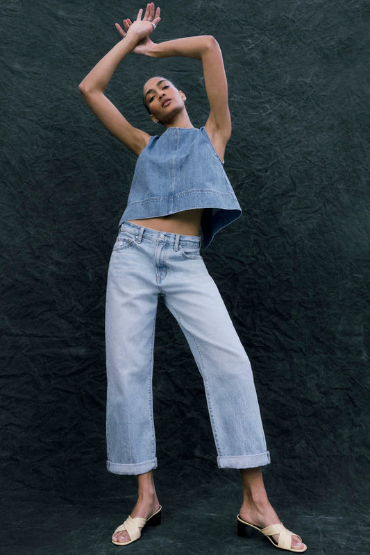 Pistola Donny Rolled Hem Boyfriend, high rise and relaxed top block that opens into a softly bowed wide leg, finished with a double rolled cuff, women's clothing