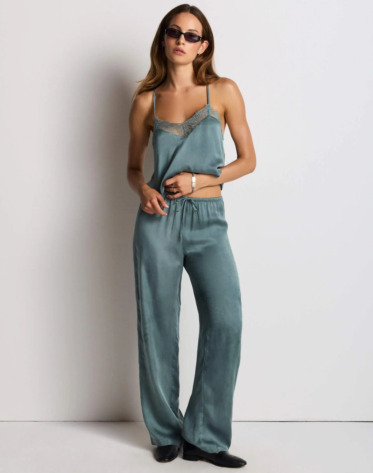 RE/DONE Cali Pant: Vintage tie pants, silk-tencel blend, wide leg pants, silky pants, women's clothing