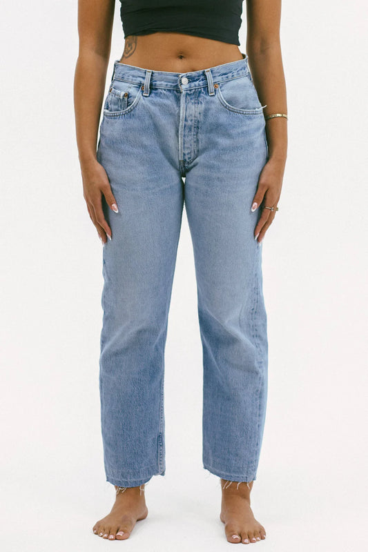 aligrace Relaxed Raw Hem Jean, Mid-rise, Relaxed Fit,&nbsp;501 Button fly and button closure, 5-pocket design, Rigid denim with raw trim, women's clothing