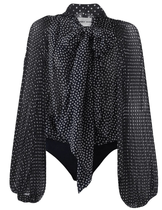 Ronny Kobo Raine Bodysuit, black ivory polka dot. Long sleeves. Bodysuit. Blouson sleeves. Self-tie neck scarf. Plunging cowl neck, semi sheer. Printed chiffon, women's clothing