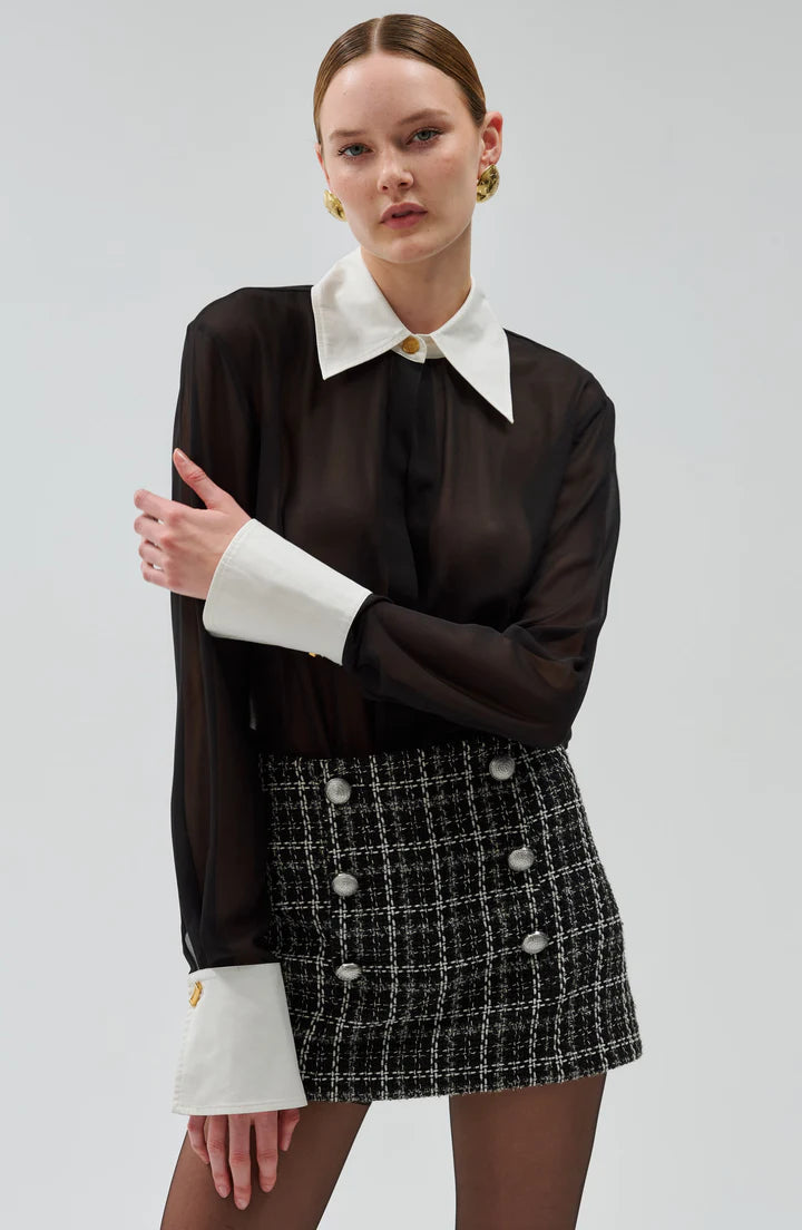 Ronny Kobo Anette Top, semi-sheer chiffon and finished with a contrasting collar and wide cuffs at the long sleeves, button down shirt, women's clothing