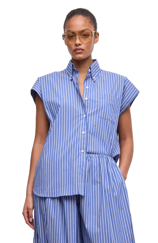 Ronny Kobo Carmena Top, striped button down short sleeved shirt, top, women's clothing