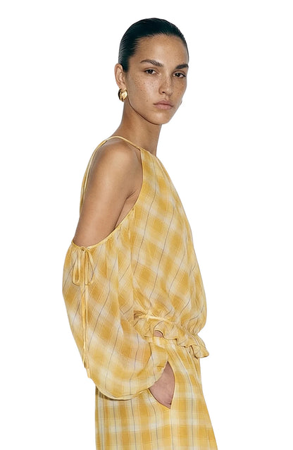Ronny Kobo Kiera Top, dressy top, long sleeved open shoulder flowy top, plaid top, women's clothing