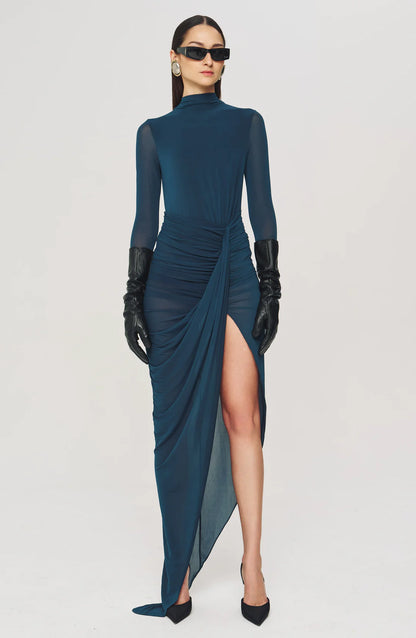 Ronny Kobo Sera Dress, teal dress, fitted dress, long dress, midi dress, long sleeved dress, women's clothing