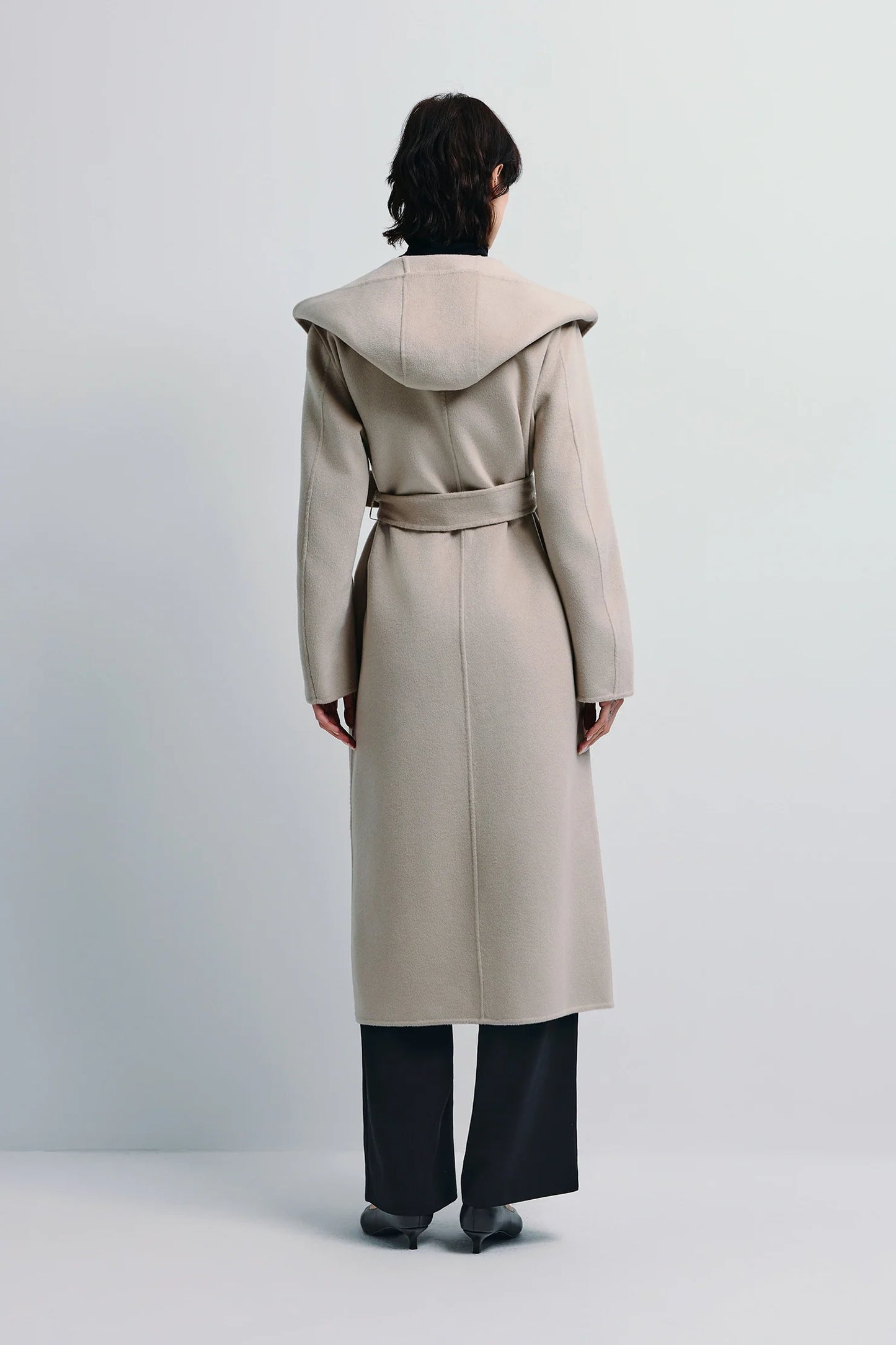 Sophie Rue Lesley Coat, Handmade robe-style coat in wool–cashmere–silk blend, designed with a soft drape, belted waist, and hooded. Women's clothing