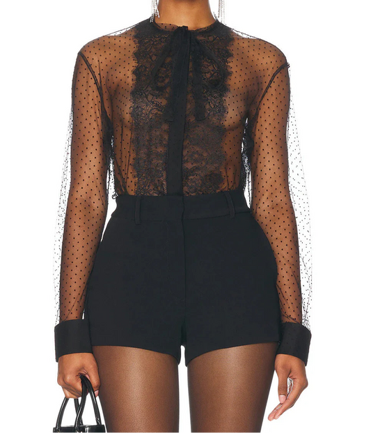 SANS FAFF Toulouse Blouse is a sheer polka dot top accented by a delicate lace panel. Women's clothing