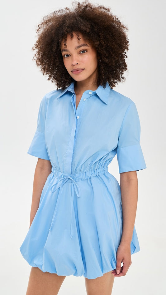SECULAR Eloise Dress is Lightweight, non-stretch poplin - Bubble skirt - 3/4 sleeves with button cuffs - Mini length - Collared neck - Button placket - Covered elastic waist with drawstring - On-seam side pockets, 100% cotton, women's clothing