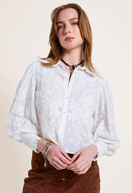 Scarlett Poppies Chetna Top, white long sleeved top, fun top, button down, embroidered top, women's clothing