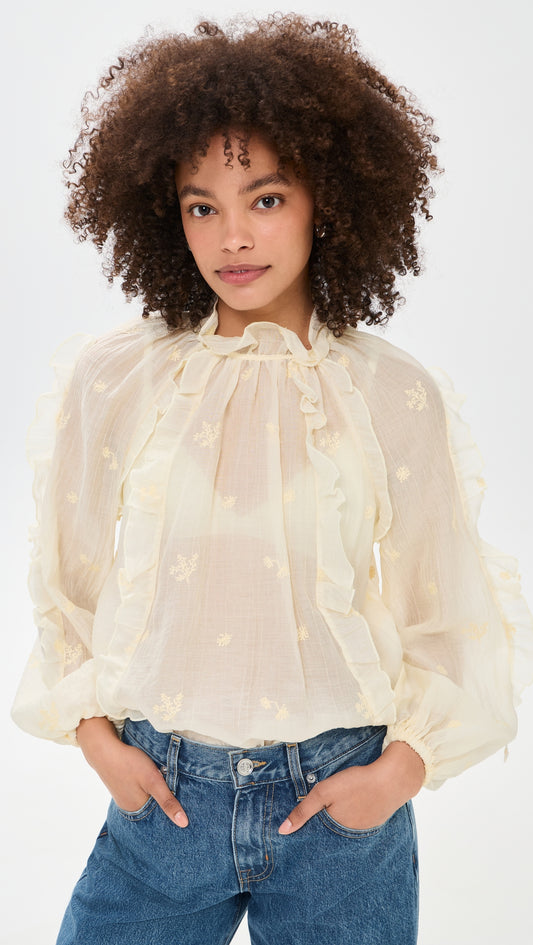 Secular Priscilla Shirt is sheer with featherweight chiffon, delicately crinkled and dusted in floral embroidery, long sleeved, women's clothing