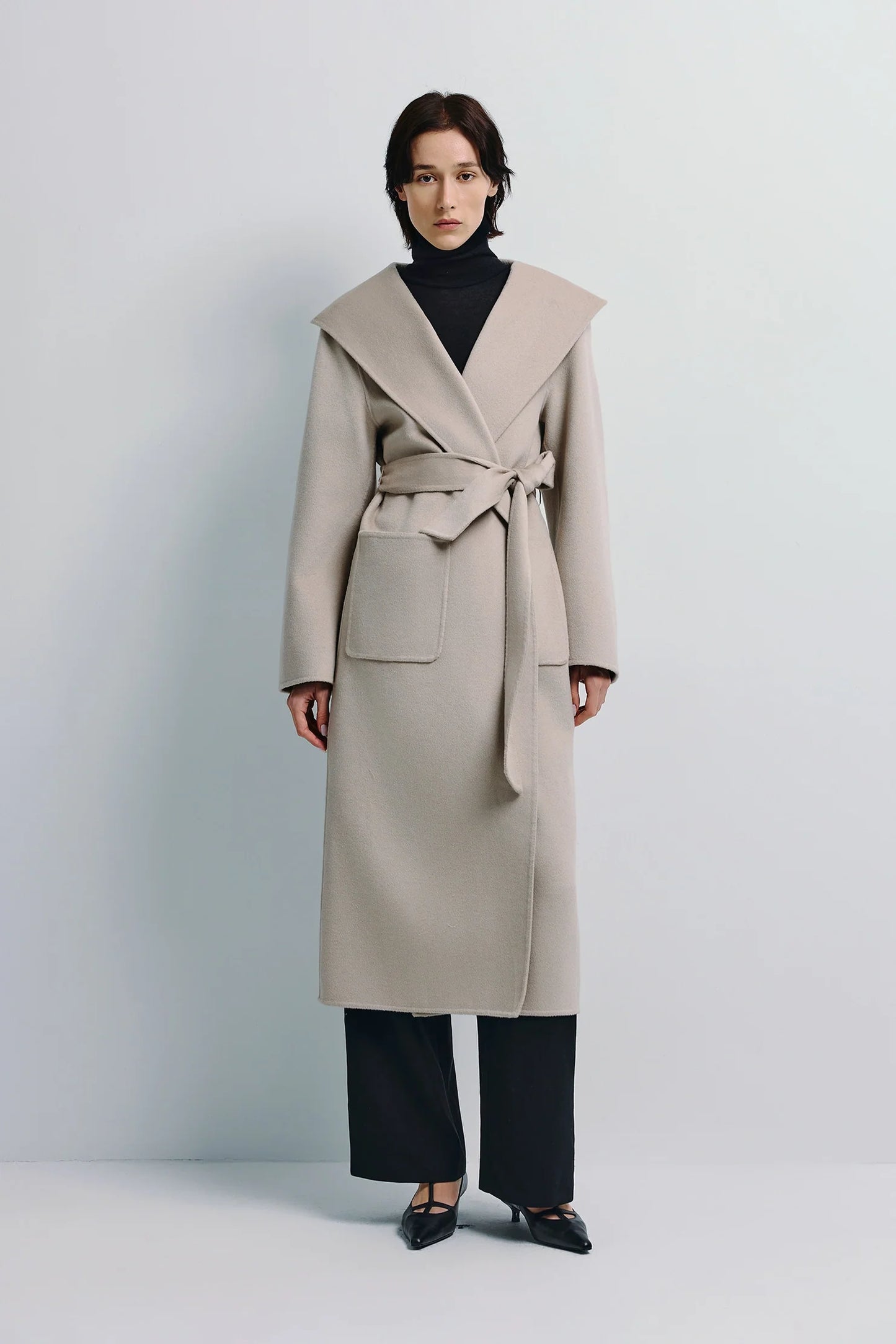 Sophie Rue Lesley Coat, Handmade robe-style coat in wool–cashmere–silk blend, designed with a soft drape, belted waist, and hooded. Women's clothing