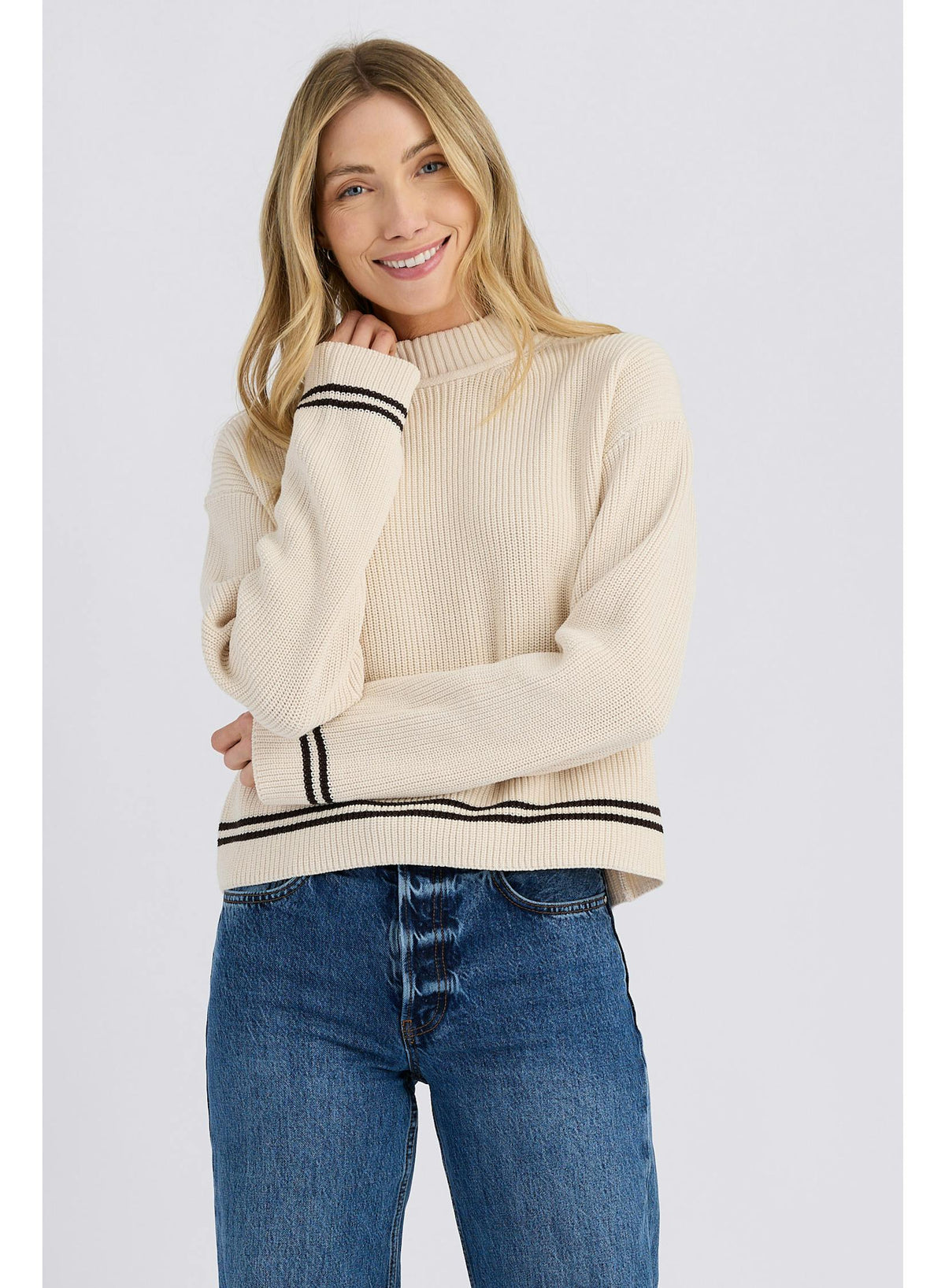 Stitches & Stripes Emil Mockneck, mock neck sweater with stripes at the waist and wrists, women's clothing