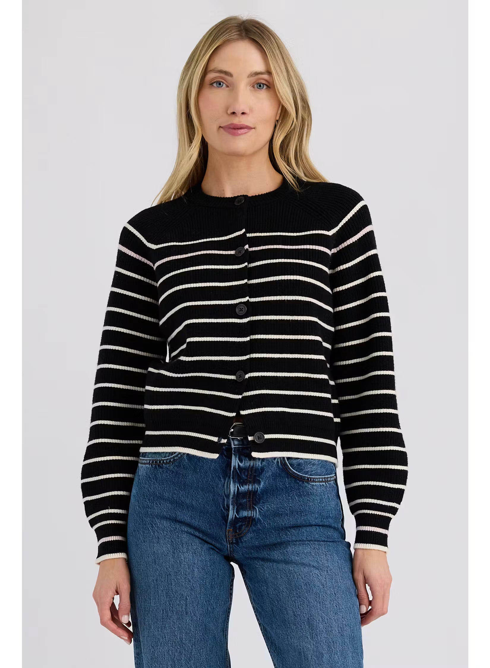 Stitches & Stripes Hannah Cardigan, black and white horizontally striped knit cardigan sweater with buttons, women's clothing