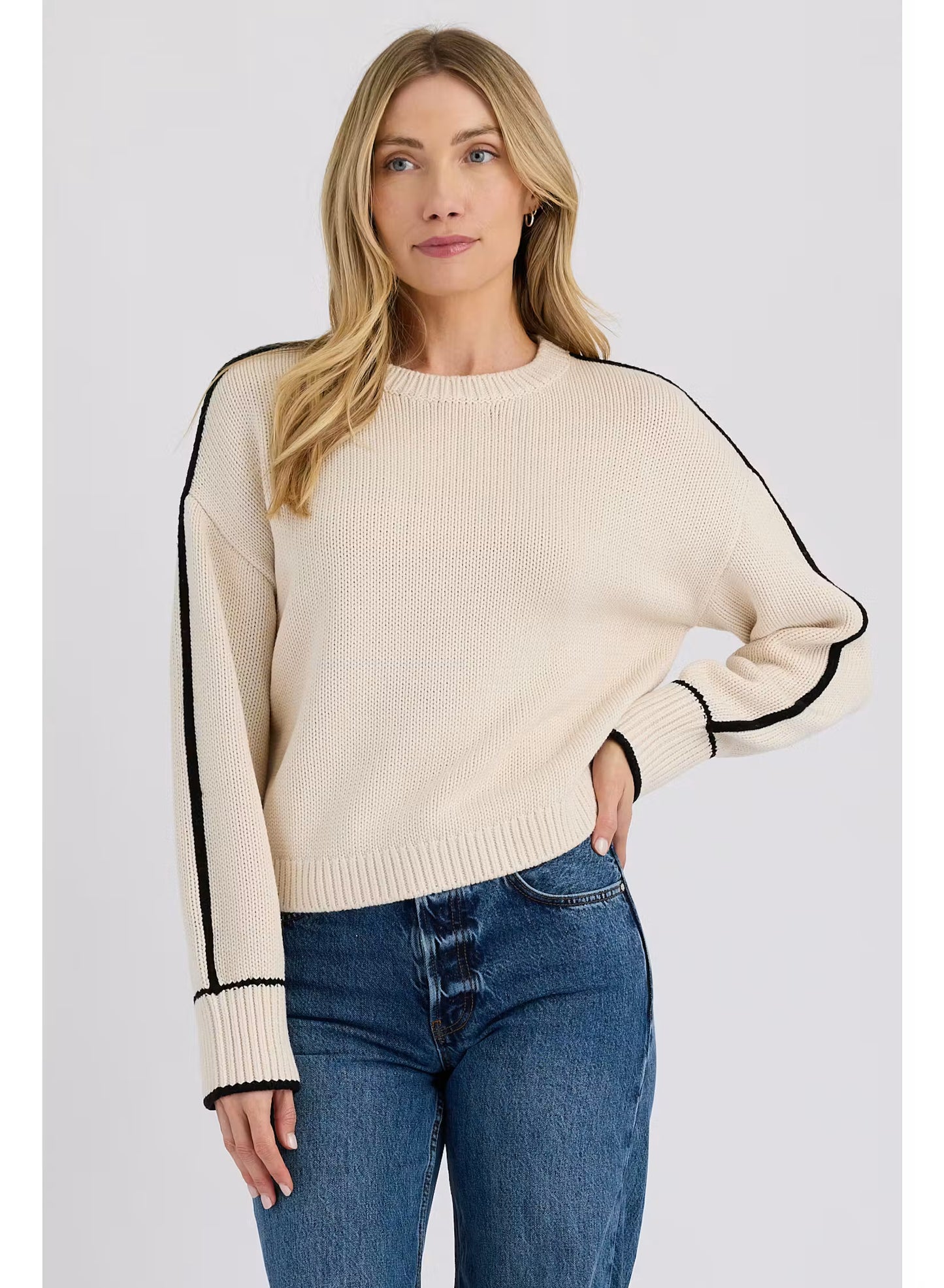 Stitches & Stripes Miro Pullover with a crew neck collar and black stripe sleeve detail, crewneck sweater, women's clothing