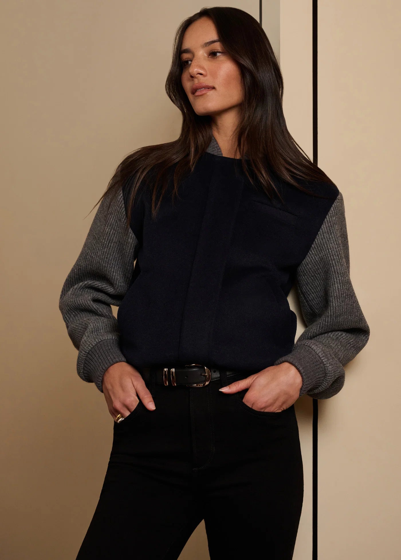 Favorite Daughter The Studio Bomber, wool-cashmere blend with contrast wool sleeves and rib trim at the cuffs and waist, jacket, women's outerwear