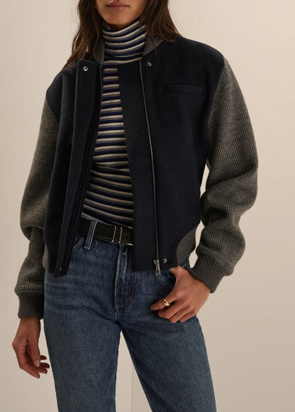 Favorite Daughter The Studio Bomber, wool-cashmere blend with contrast wool sleeves and rib trim at the cuffs and waist, jacket, women's outerwear