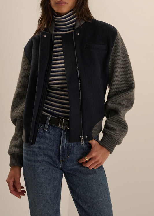 Favorite Daughter The Studio Bomber, wool-cashmere blend with contrast wool sleeves and rib trim at the cuffs and waist, jacket, women's outerwear