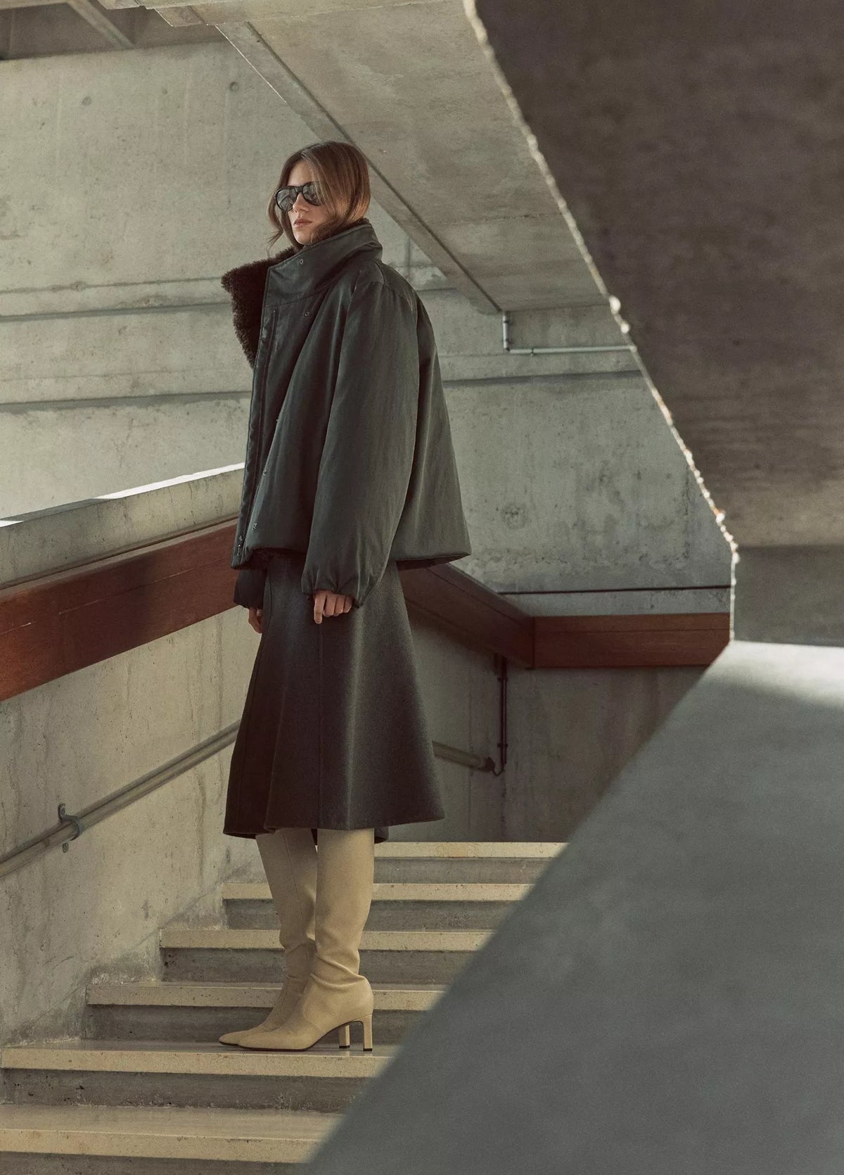 Vince Fur Lined Puffer, dark olive green puffer jacket with a large brown shearling collar, puffer jacket, women's outerwear