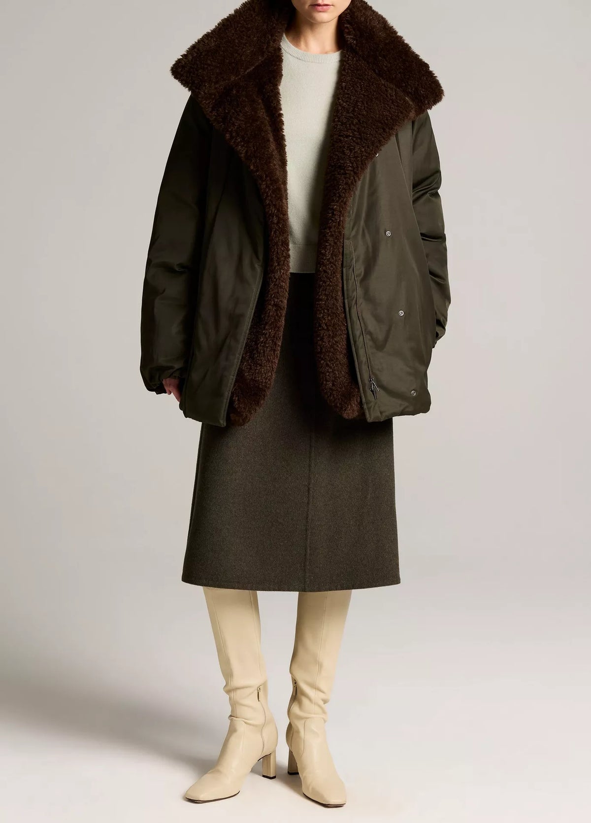 Vince Fur Lined Puffer, dark olive green puffer jacket with a large brown shearling collar, puffer jacket, women's outerwear