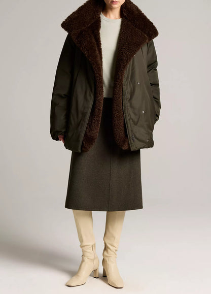 Vince Fur Lined Puffer, dark olive green puffer jacket with a large brown shearling collar, puffer jacket, women's outerwear