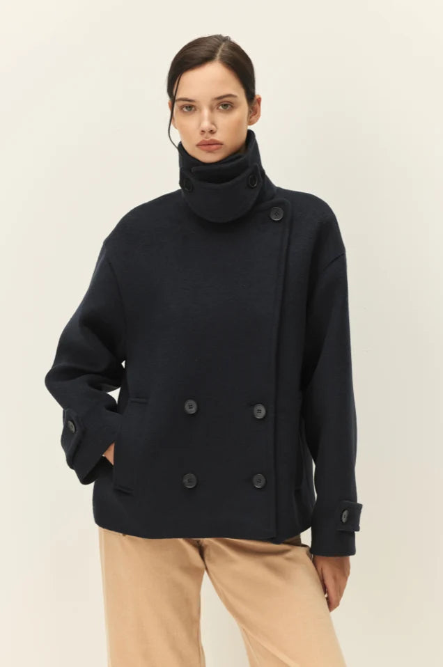 elodie Olivier Short Coat, dark navy double-breasted turtleneck coat, outerwear, coat, women's clothing