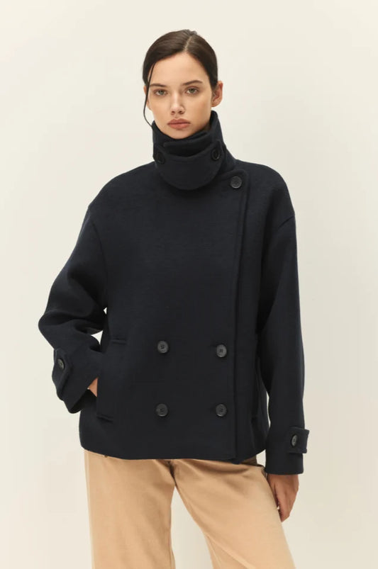 elodie Olivier Short Coat, dark navy double-breasted turtleneck coat, outerwear, coat, women's clothing