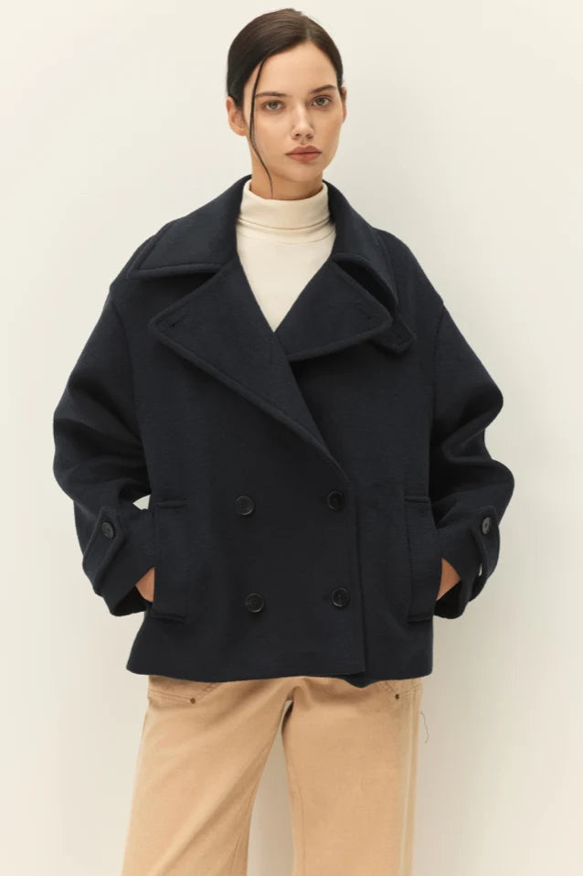 elodie Olivier Short Coat, dark navy double-breasted peacoat, coat, jacket, women's outerwear