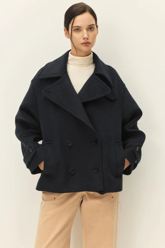 elodie Olivier Short Coat, dark navy double-breasted peacoat, coat, jacket, women's outerwear