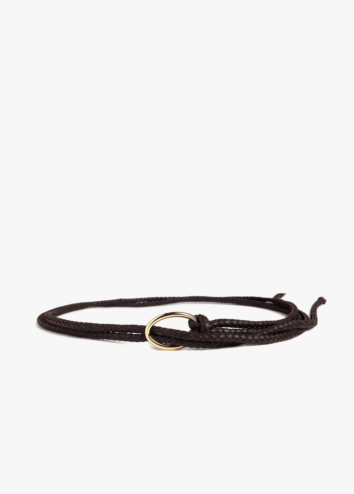 Favorite Daughter The Woven Knot Belt, brown leather woven belt with gold metal ring, ties at the waist or hips, women's accessories