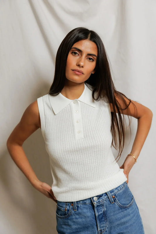 Perfect White Tee Fran Pointelle Collar Tank, tank polo, pointelle sweater knit, women's clothing