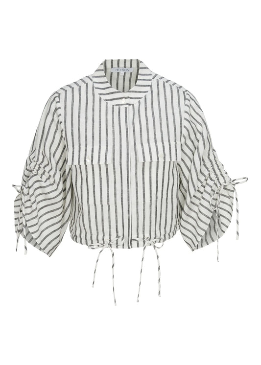 HEVRON Yarn Dyed Eva Top, crop shirt showcases a button-front closure, a relaxed band collar and elevated cargo-esque front pockets, women's clothing
