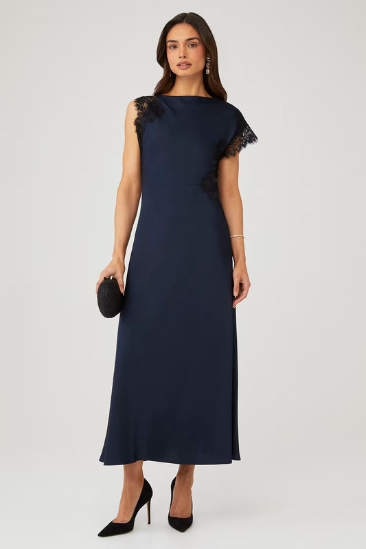 elodie Maris Dress, lace detail on sleeves, navy dress, long dress, women's clothing