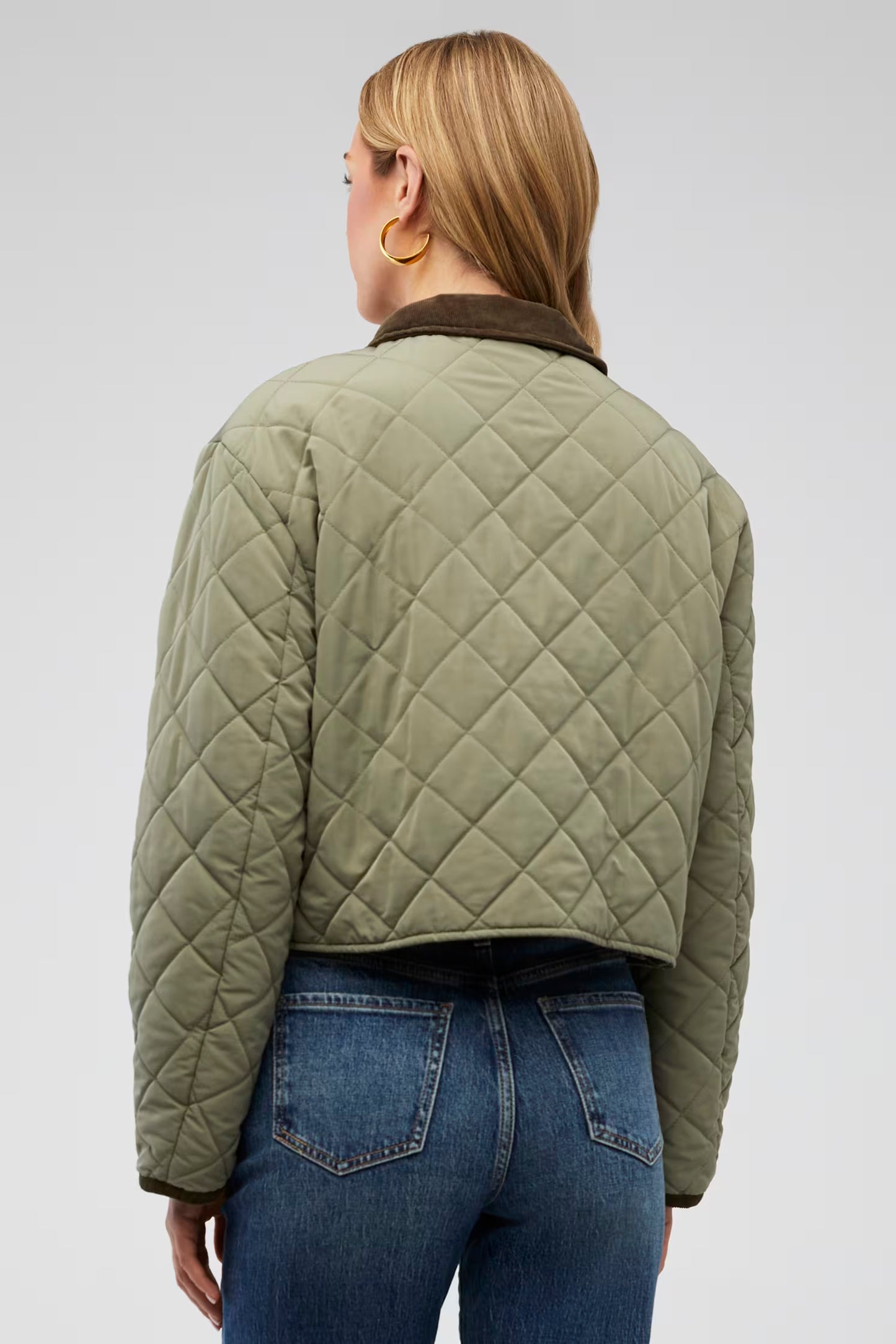 elodie Nina Quilted Jacket, cropped, olive green diamond-quilted jacket with dark brown collar and pocket trim, women's outerwear