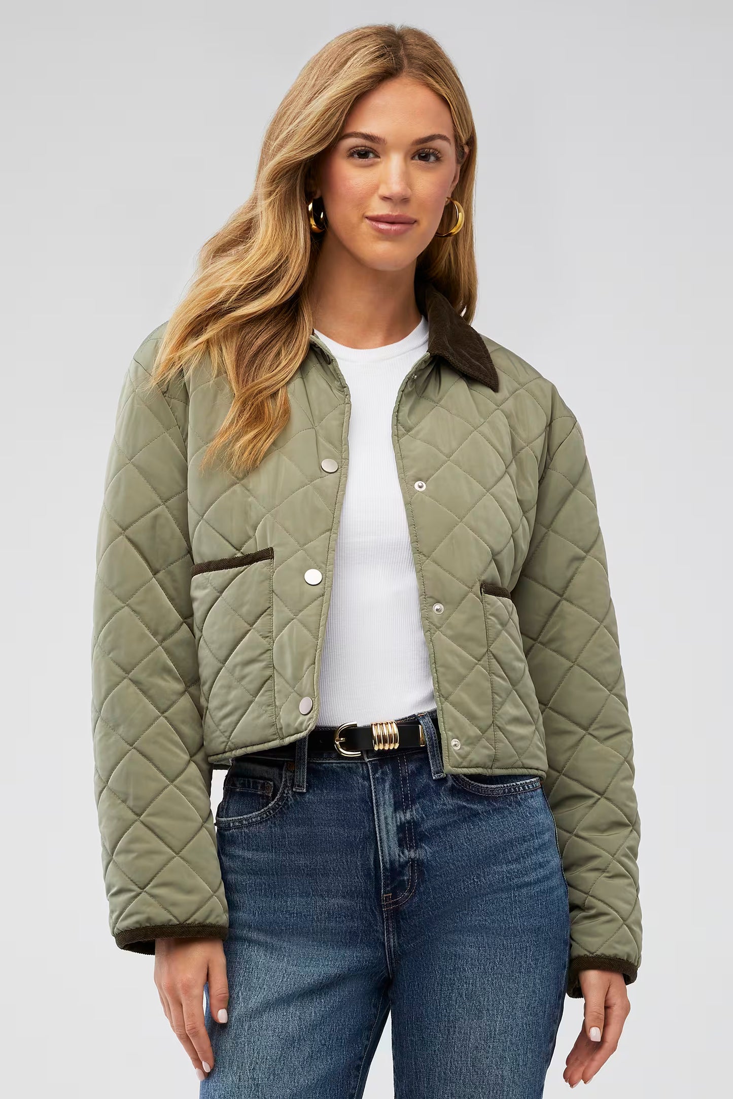elodie Nina Quilted Jacket, cropped, olive green diamond-quilted jacket with dark brown collar and pocket trim, women's outerwear