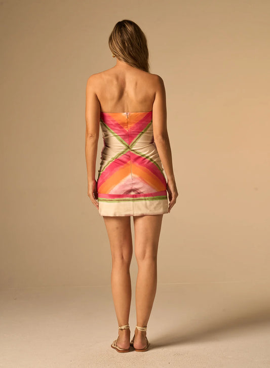 JBQ Sofia dress, bold, geometric chevron print in a painterly, watercolor-inspired palette, Strapless neckline, Sleeveless dress, women's clothing