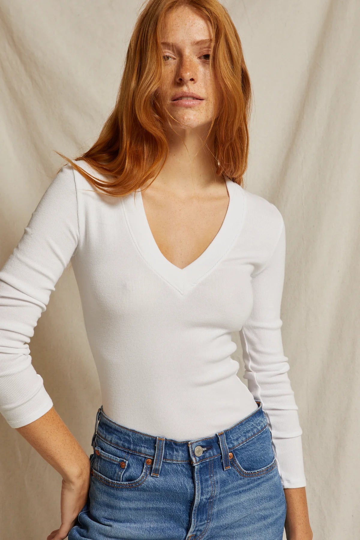 Perfect White Tee Viola V-Neck Rib Long Sleeve, cotton v-neck long sleeved shirt, shirt, white shirt, women's clothing