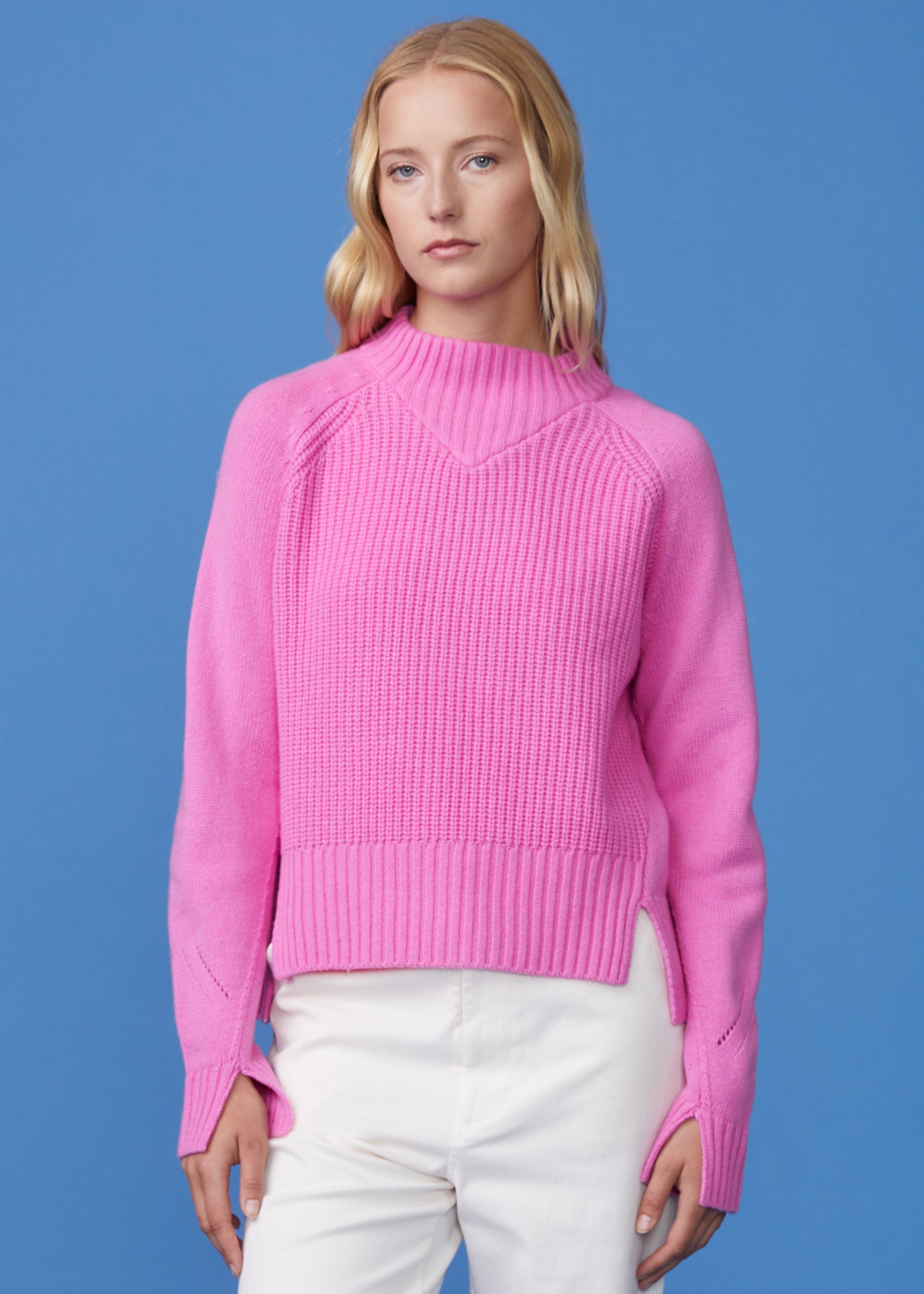 Monrow Wool Cashmere Mock Neck sweater, women's clothing, wool sweater, sweater, mockneck sweater, fashion, dragon fruit pink color